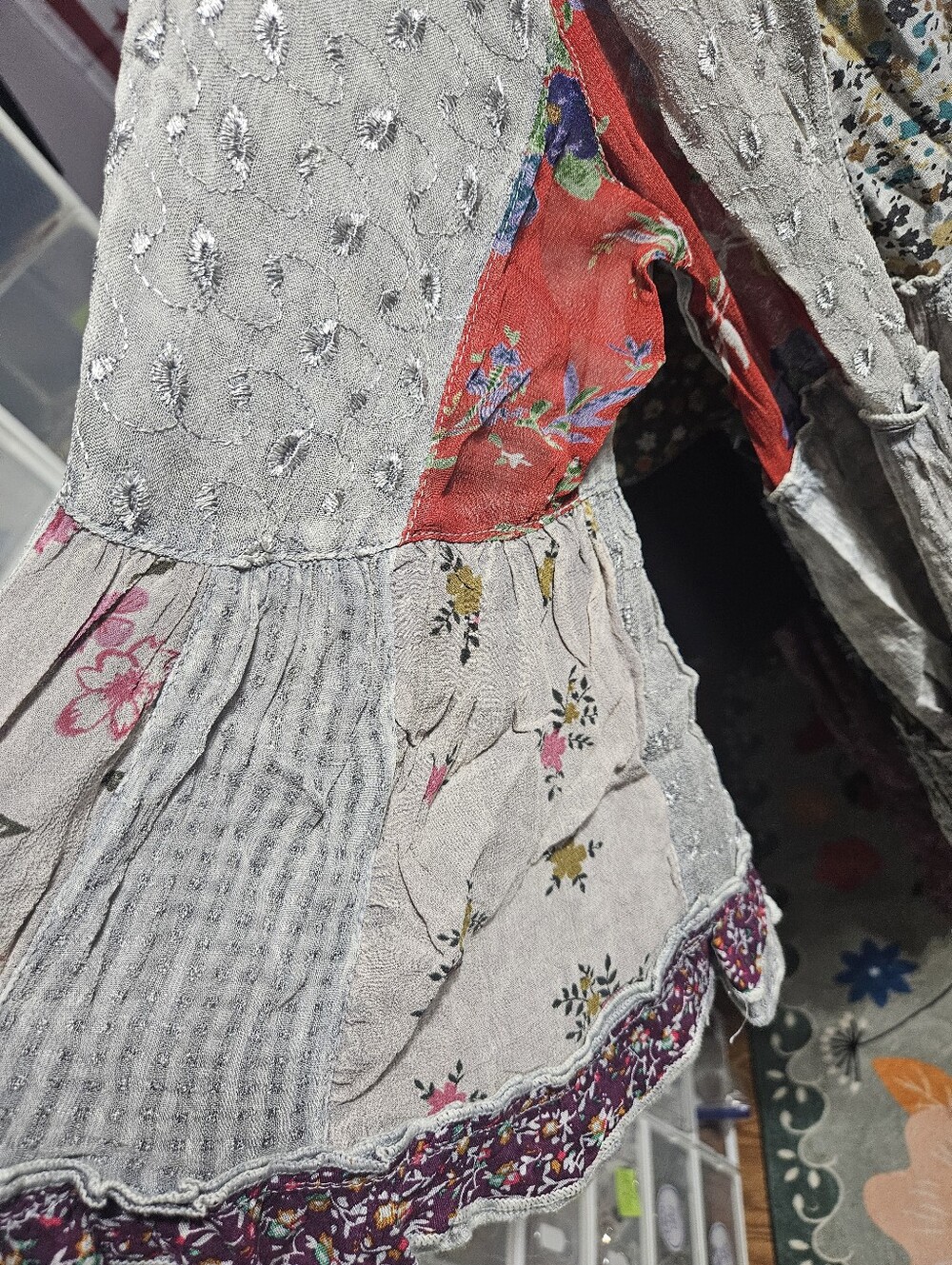 354 Young Threads Grey Floral Patchwork Long Sleeve Tiered Dress - Picture 2 of 4